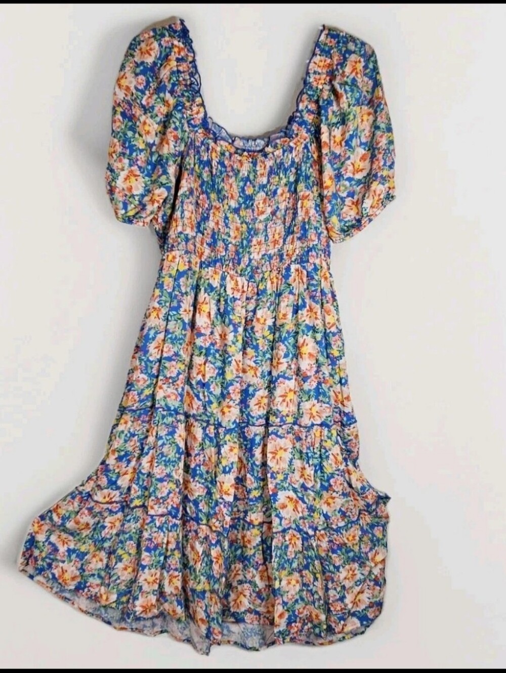 Womens Vibrant Tropical Print Puff Sleeve Smocked Tiered Dress Size 0X/1X Mature